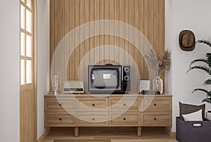 Vintage style wooden tv cabinet with empty plank backdrop 3d render