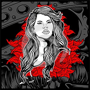 Vintage style young lady with roses - Vector photo