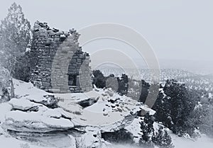 A vintage styled B&W photo an Anasazi ruin.