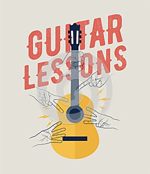 Vintage Styled Guitar Lessons Poster Flyer Banner Template. Perfecto for your guitar classes. Vector Illustration.