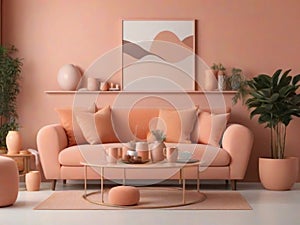 Vintage styled living room with sofa, coffee table, picture and pot plants all in peach fuzz pantone color of the yea 2024