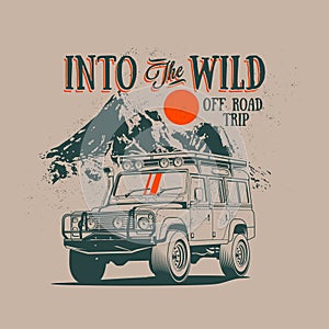 Vintage styled off road 4x4 expedition or trip illustration with retro SUV car with mountains landscape on background for t-shirt