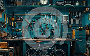 A vintage-styled workshop filled with an abundance of tools, clocks, and a classic bicycle, creating an oasis of