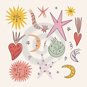 Vintage stylish freaky cool funny doodle stellar characters. Hand-drawn set of crescent moon, sun, comets, sacred heart