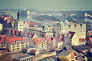 Vintage stylized aerial view of Szczecin city, Poland.