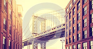 Vintage stylized Manhattan Bridge seen from Dumbo, New York.