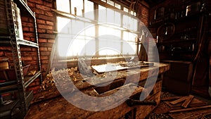 Vintage stylized old carpenter workshop interior