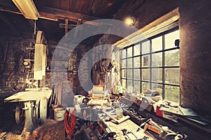 Vintage stylized old carpenter workshop interior