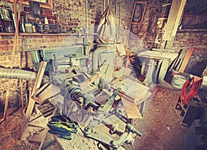 Vintage stylized old carpenter workshop interior