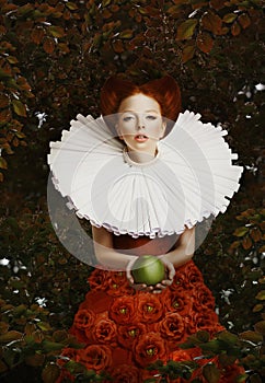 Vintage. Stylized Red Hair Woman in Retro Jabot with Green Apple