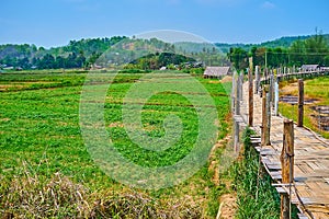 The vintage Su Tong Pae Bamboo Bridge above the green field, Mae Hong Son suburb, Thailand