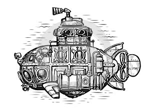 Vintage submarine in sea drawn in engraving style. Hand drawn retro deep-sea bathyscaphe sketch. Vector illustration