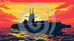Vintage Submarine Warship Sea Poster With Bold Graphic Design