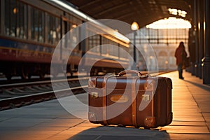 Vintage suitcase awaits near train tracks