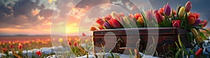 Vintage suitcase with colorful tulip flowers and blooms lying on the meadow.