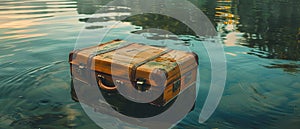 Vintage Suitcase Floating in Serene Lake