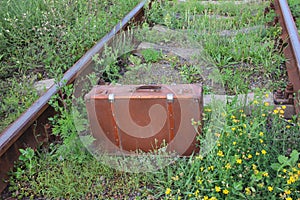 Vintage suitcase on the old rusty railroad tracks overgrown with grass and flowers