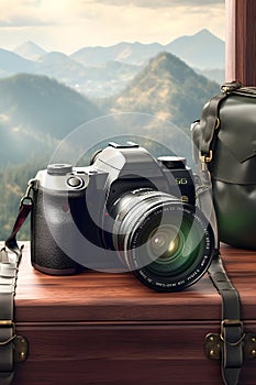 Vintage suitcase and photo camera on the window background with beautiful mountain landscape. Traveling concept design banner. AI