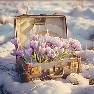 Vintage suitcase with purple spring cocus flowers with hoarfrost.