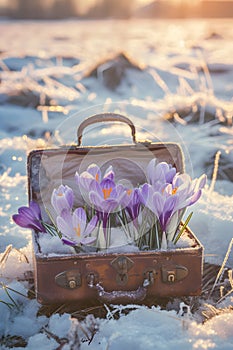 Vintage suitcase with purple spring cocus flowers with hoarfrost.