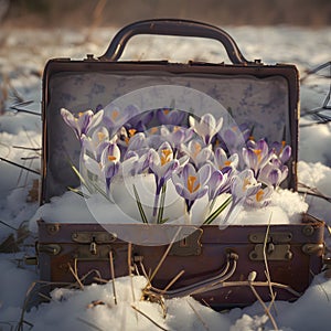 Vintage suitcase with purple spring cocus flowers with hoarfrost.