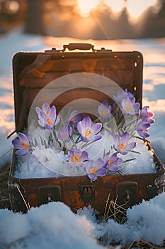 Vintage suitcase with purple spring cocus flowers and hoarfrost.