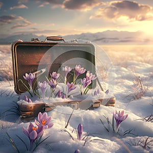 Vintage suitcase with purple spring cocus flowers with hoarfrost.