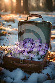 Vintage suitcase with purple spring cocus flowers with hoarfrost.