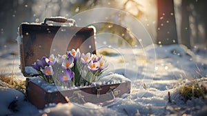 Vintage suitcase with purple spring cocus flowers with hoarfrost lying on the snowy surface.