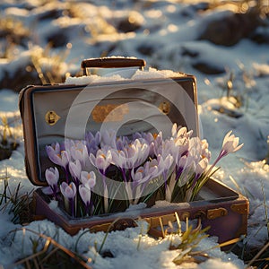 Vintage suitcase with purple spring cocus flowers with hoarfrost lying on the snowy surface.