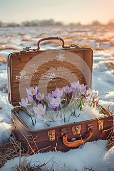 Vintage suitcase with purple spring cocus flowers with hoarfrost lying on the snowy surface.