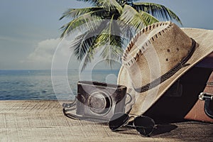 Vintage suitcase, sun hat, photo camera and sunglasses on wooden deck with sea water, coconut palm tree and blue sky background on