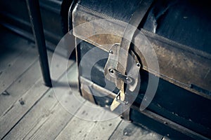 Vintage suitcase on wooden floor. Close up