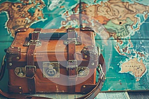 Vintage suitcase on wooden table and world map background, travel concept