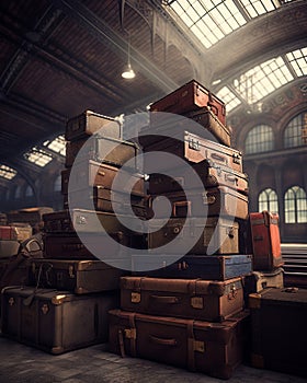 Vintage suitcases and luggage piled up on the platform of an old train station. Ai Generative