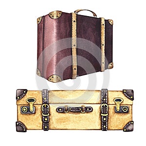 Vintage suitcases. A set of hand-painted watercolor illustrations of vintage luggage. Isolate it. In dark red and ochre