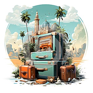 Vintage Suitcases Stacked With Tropical Beach Background and Historic ArchitectureTravel