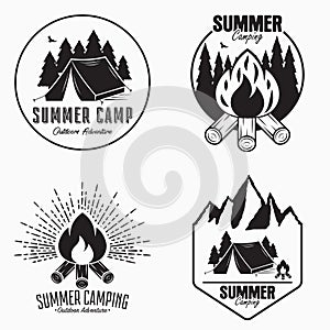 Vintage summer camp logo set. Camping badges and outdoor adventure emblems. Original typography with camping tent, bonfire.