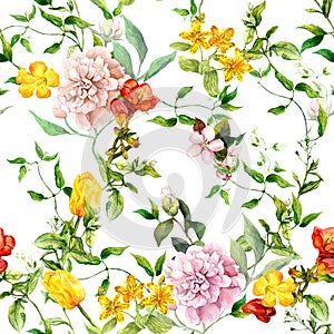 Vintage summer flowers, leaves, herbs. Repeating floral background. Watercolor