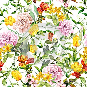 Vintage summer flowers, leaves, herbs. Repeating floral background. Watercolor