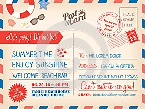 Vintage summer holiday postcard background template for invitation card photo