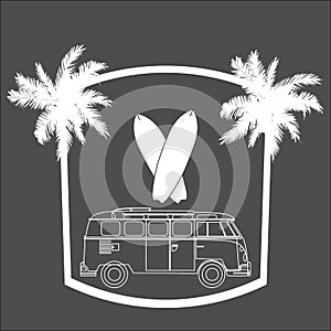Vintage summer surf print with a mini van, palm trees and lettering.