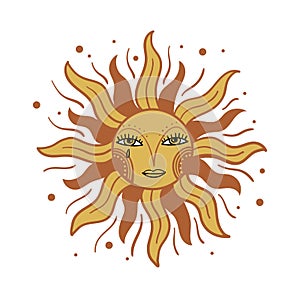 Vintage sun with face, medieval engraving, hand drawing, linocut. Mystical tarot symbol for astrology. Old style, vector