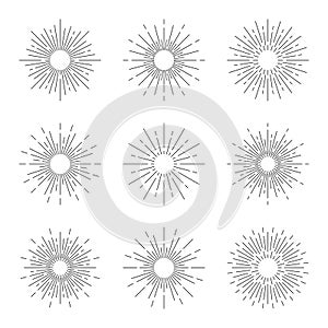 Vintage sun rays, retro sunburst. Set of sun rays in linear style. Sunburst for sketches, vintage elements in boho style