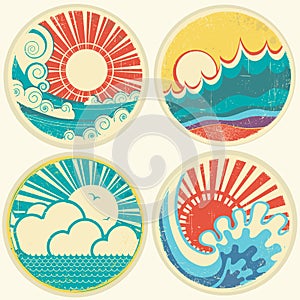 Vintage sun and sea waves. Vector icons of illust