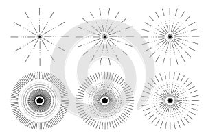 Vintage Sunburst Collection, Black and White Sun Vector Icons, Bursting Sun Rays, Star Pictograph, Speed Lines