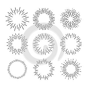 Vintage Sunburst Explosion Hand drawn Design Elements Fireworks Black Rays. Set of Black Sunbursts Graphic Elements.