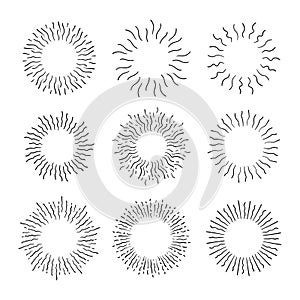 Vintage Sunburst Explosion Hand drawn Design Elements Fireworks Black Rays. Set of Black Sunbursts Graphic Elements.