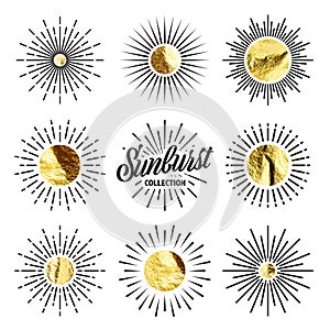 Vintage sunburst, sunset beams. Gold foil, shiny handmade circles. Golden glittering texture, pattern. Hand drawn