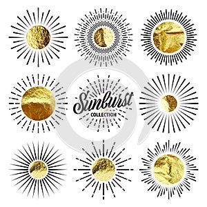 Vintage sunburst, sunset beams. Gold foil, shiny handmade circles. Golden glittering texture, pattern. Hand drawn